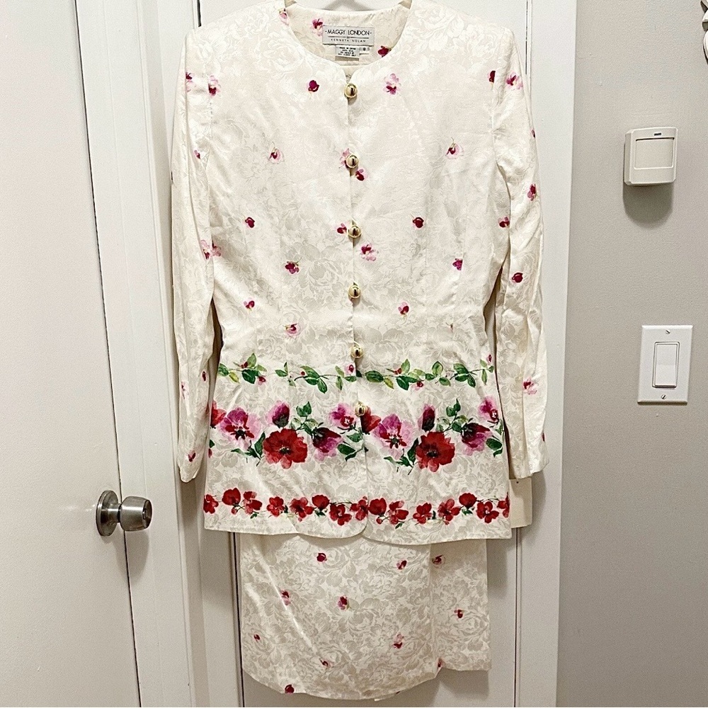 Vintage Maggy London 100% SILK Skirt Suit Women’s 2pc set Sz 8 NEW floral ivory